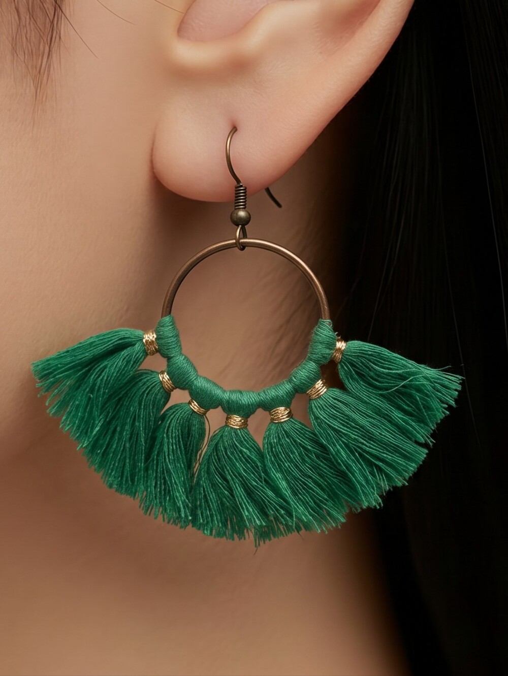 Green Fringe Hoop Earrings Boho Babe Festival Statement Dangle Western Jewelry